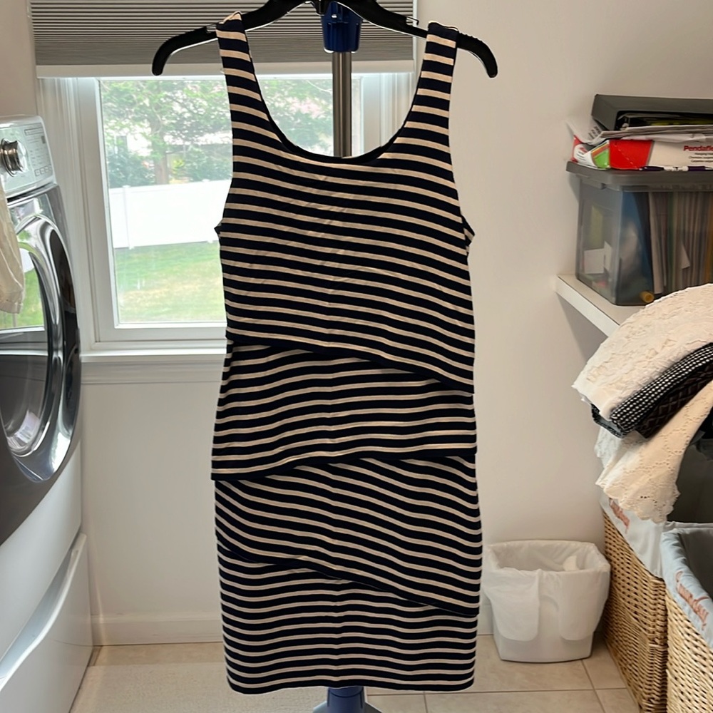 Blue and tan stripe dress.  Loft size small